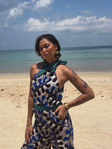 Amaka Halter Neck Jumpsuit - White, Black & Blue Awoluba African Ankara Wax Cotton Print