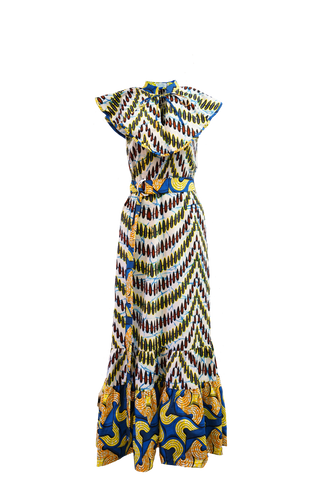 Saahana Dress - Blue White and Orange African Ankara Wax Cotton Print