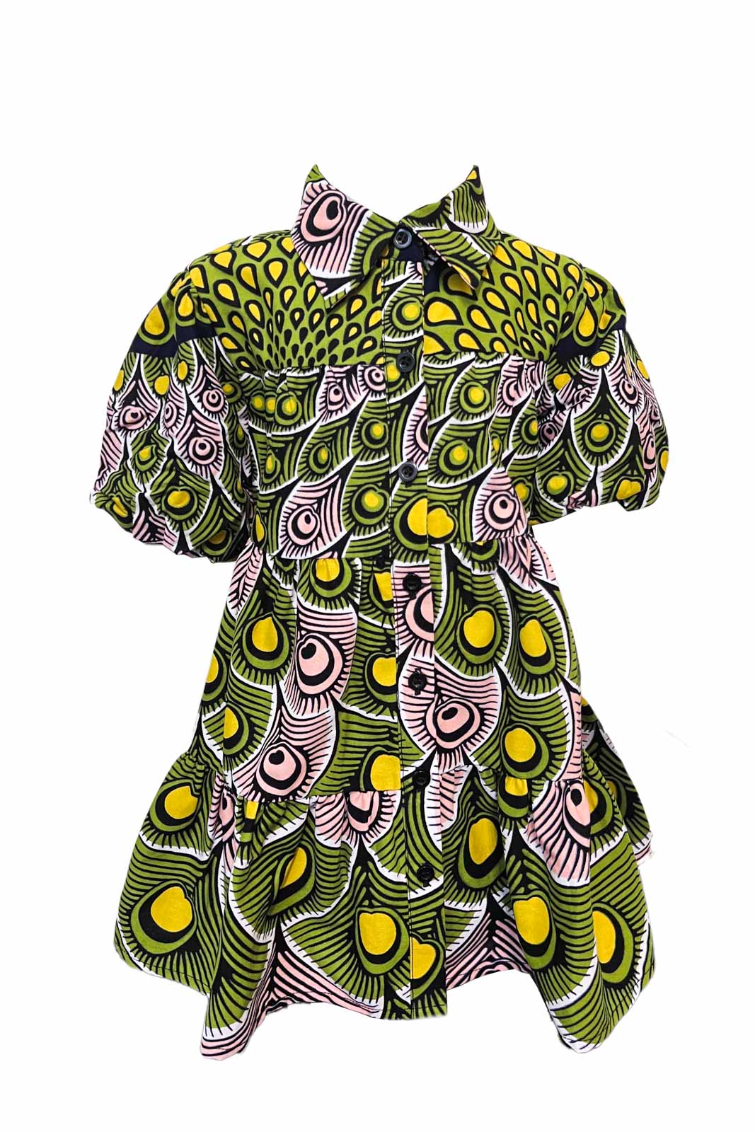 Cataleya Panelled Dress - Green/Pink Peacock Feathers Print