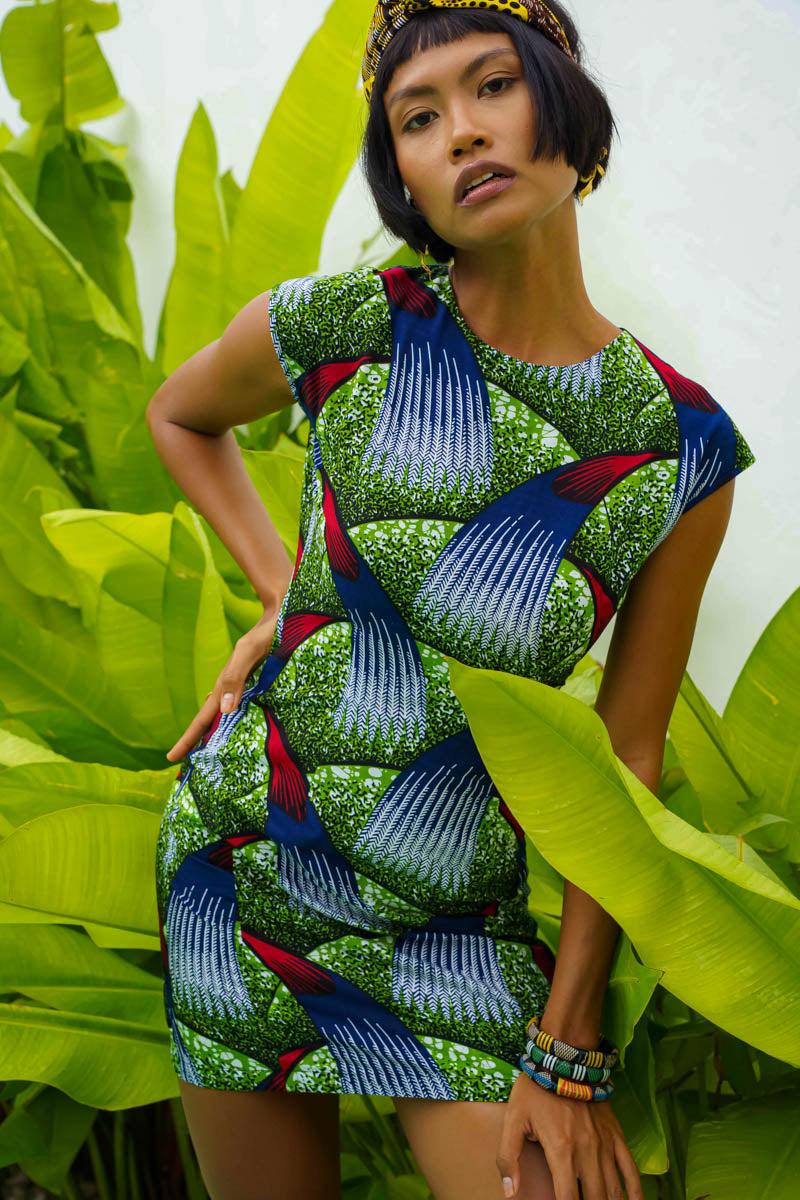 Dela Open back Mini Dress - Green Banana Tree Print |TROPICANA