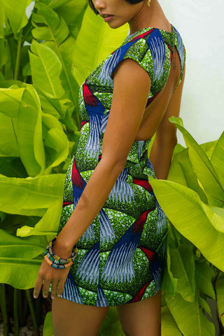 Dela Open back Mini Dress - Green Banana Tree Print |TROPICANA