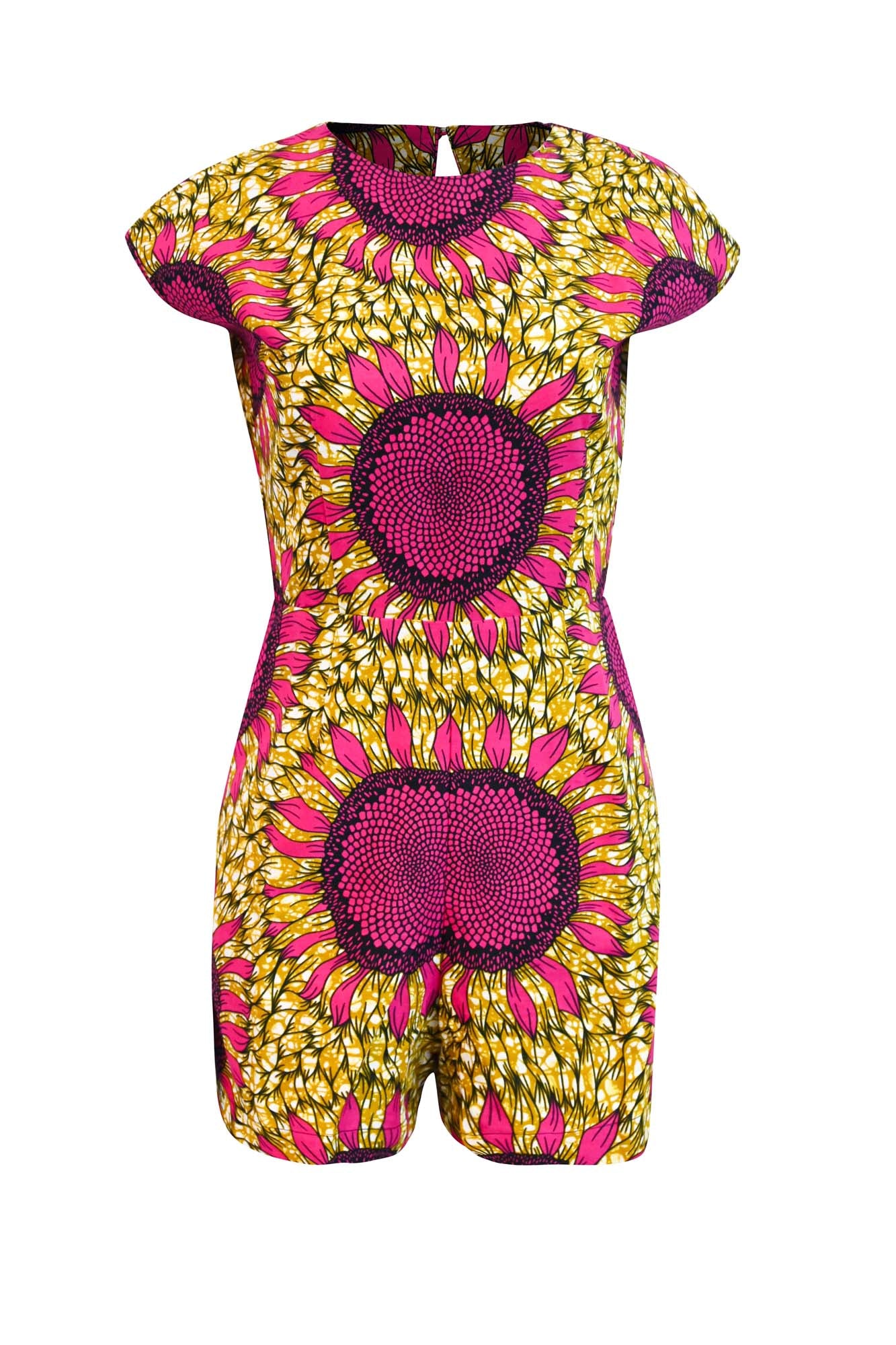 Dalia Open Back Romper - Yellow/Pink Sunflowers Print |TROPICANA