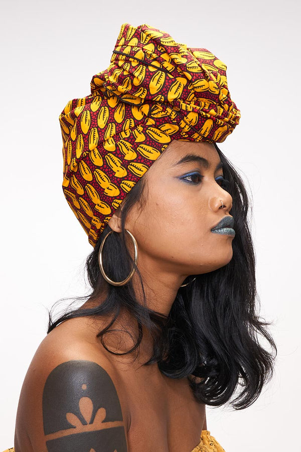 Cowrie Headwrap Ankara Wax Print OliveAnkara