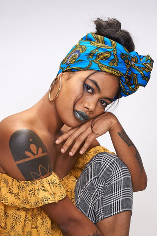 Efe Blue Headwrap Ankara Wax Print OliveAnkara