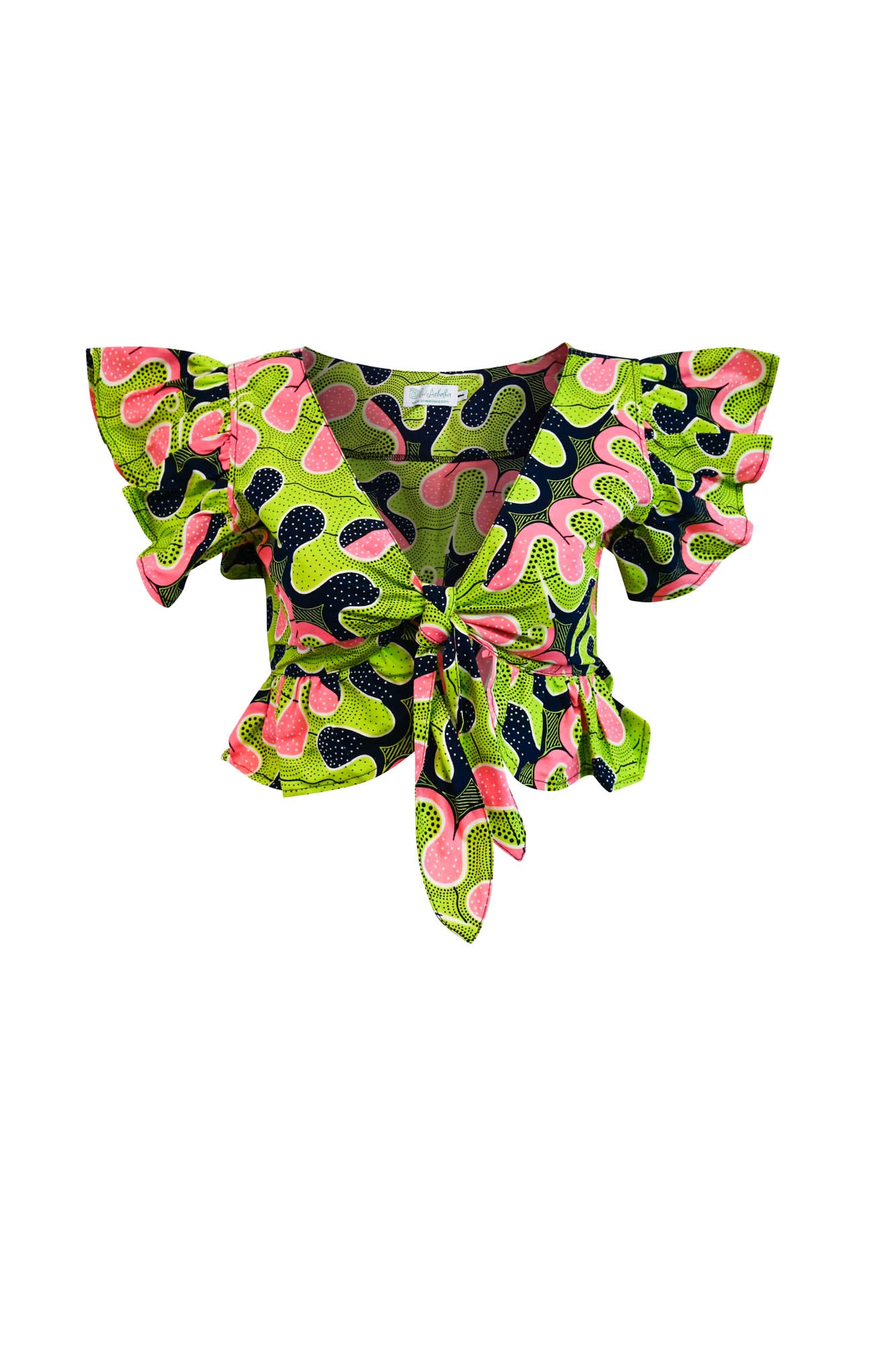 Imani Front Tie Crop Top -  Pink/Green Awoulaba Print |TROPICANA