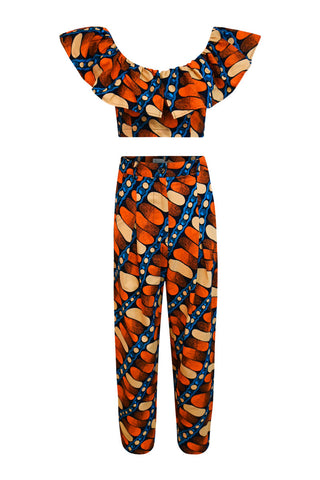 Adaora Tapered leg Twin Set - Orange/Blue Pearls and Pebbles Print |TROPICANA