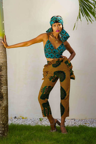 Makena Ruffled Pants Ankara Wax Print OliveAnkara