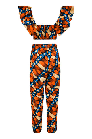 Adaora Tapered leg Twin Set - Orange/Blue Pearls and Pebbles Print |TROPICANA