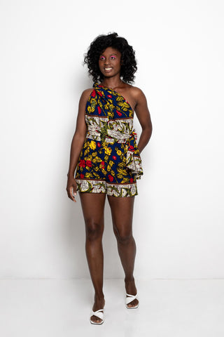 Chinwe Shorts Infinity Romper Ankara Wax Print OliveAnkara